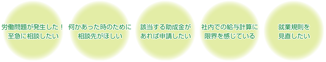 労働問題が発生した！至急に相談したい。何かあった時のために相談先がほしい。該当する助成金があれば申請したい。社内での給与計算に限界を感じている。就業規則を見直したい。