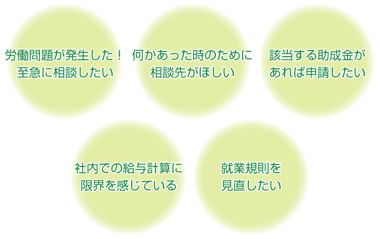 労働問題が発生した！至急に相談したい。何かあった時のために相談先がほしい。該当する助成金があれば申請したい。社内での給与計算に限界を感じている。就業規則を見直したい。